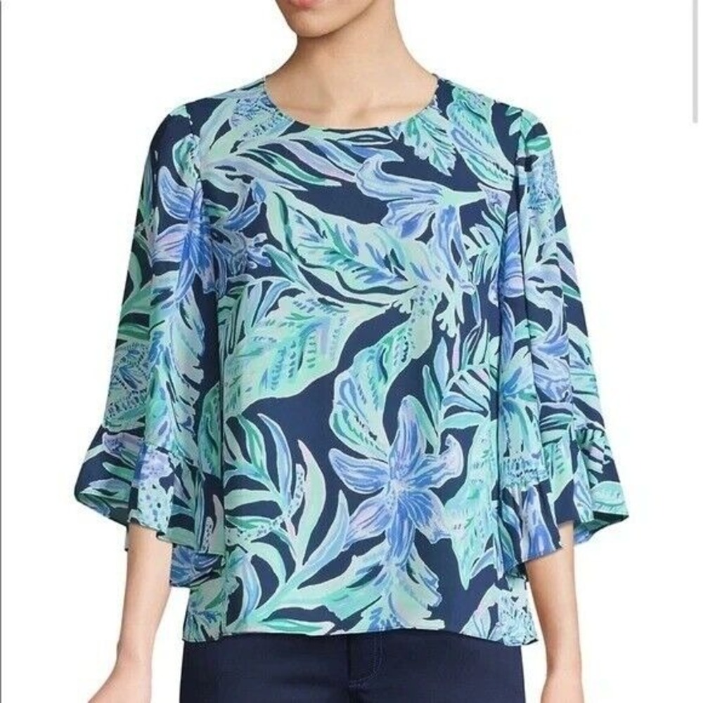 Lilly‎ Pulitzer Lileeze Francis Top High Tide Navy Ready Set Gecko Blouse Size M